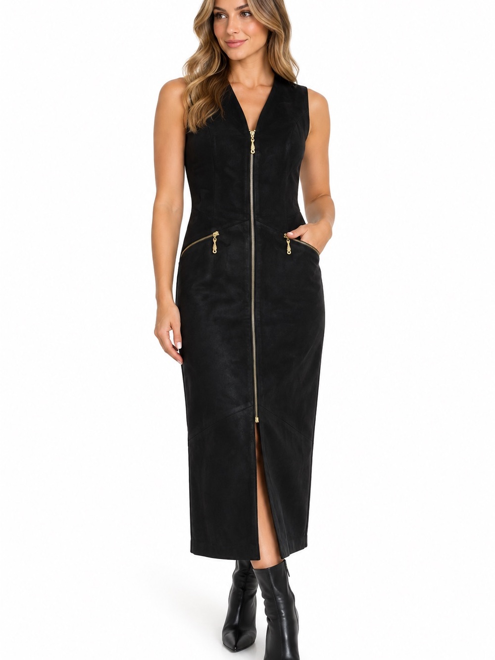 Vintage Danier Black Leather Zip Front Dress Women’s M